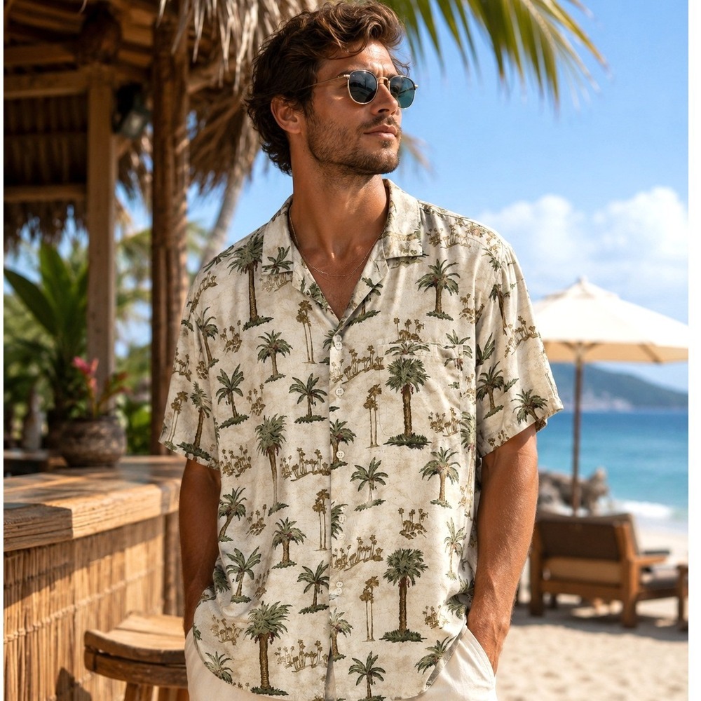Rima Hawaiian Shirt Mens XL Palm Tree Print Camp Collar‎ Resort Cruise Aloha